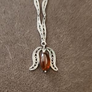 Vintage Silver Filigree Amber Pendant Necklace Baltic Sea Lithuania